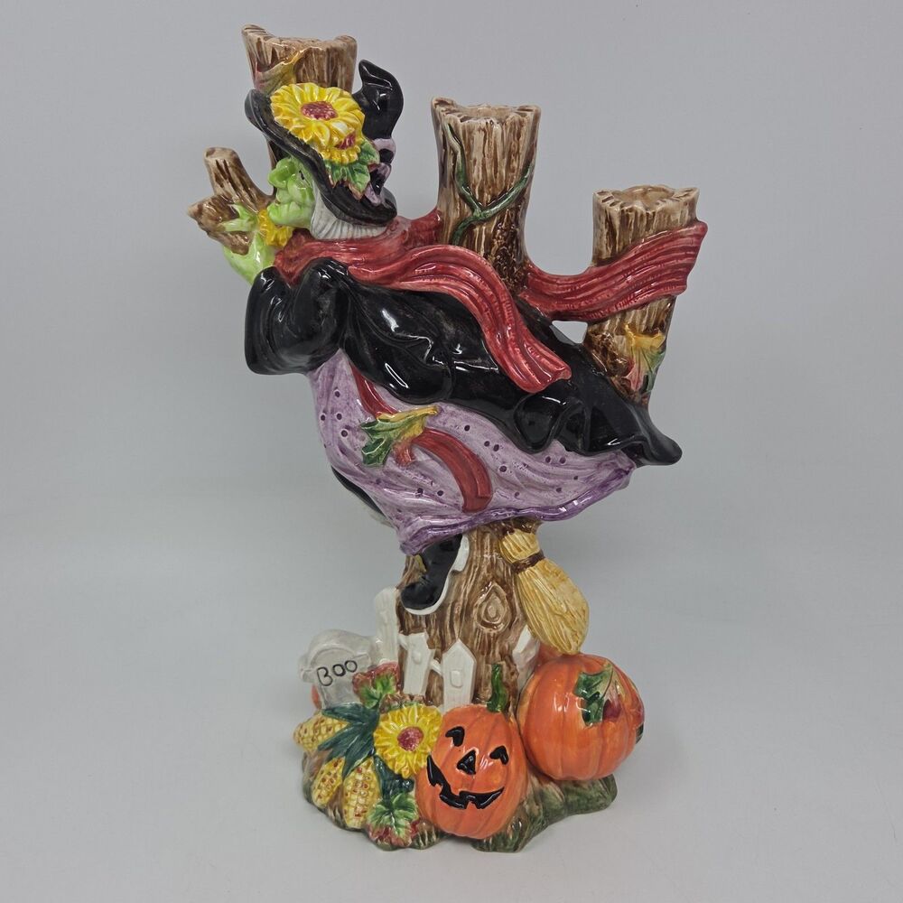 Vintage Fitz & Floyd Halloween Harvest Witch Tree Pumpkin Candelabra 12” 1995